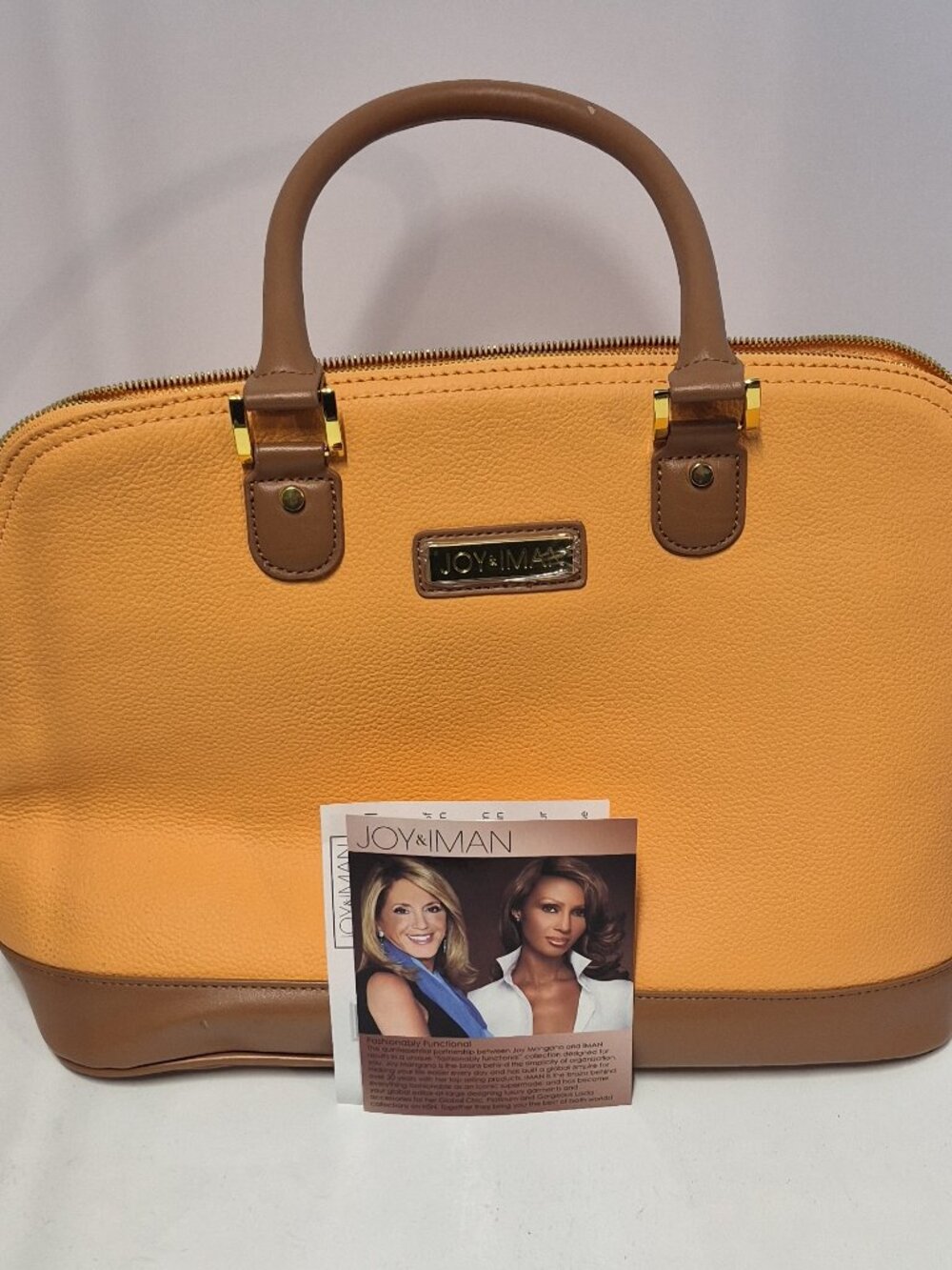 JOY & IMAN Orange/Brown Pebbled Zip Satchel Top Handle Gold Charm Pockets